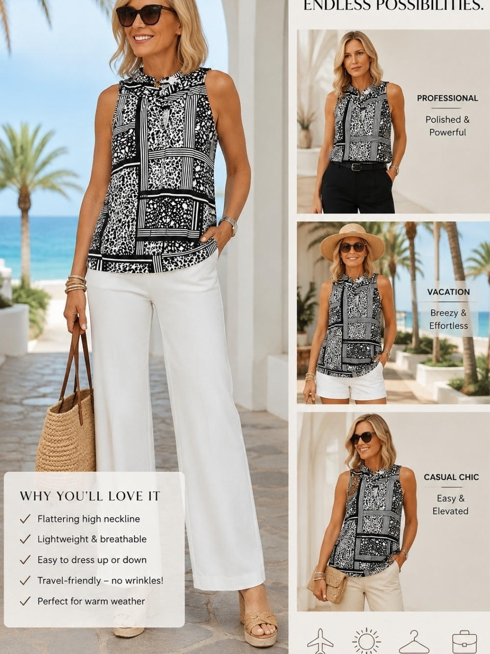Sleeveless Black & White Blouse  Keyhole-Neck Shell